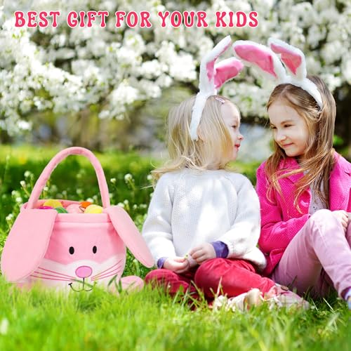 Image of Easter Bunny Baskets for Kids,With foldable ears,Cute egg hunting bag bucket,Easter gifts for boys and girls (PINK)