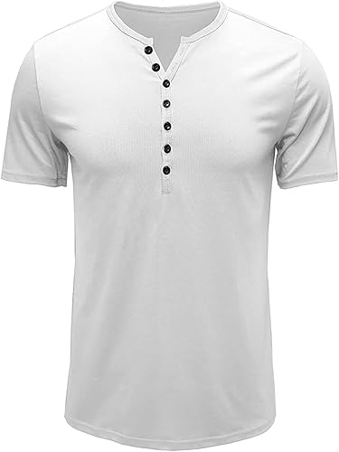 Muscularfit Camisetas de algodón para hombre, estilo casual, holgadas, de manga corta, estilo Henley, ajuste regular, color sólido, con botones