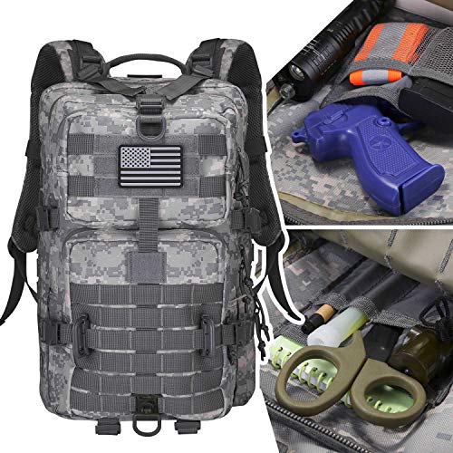 Image of Hannibal Tactical MOLLE Assault Backpack, Tactical Backpack Army Military Camping Rucksack, 3-Day Pack Travel Trip w /USA Flag Patch, D-Rings, ACU Camo