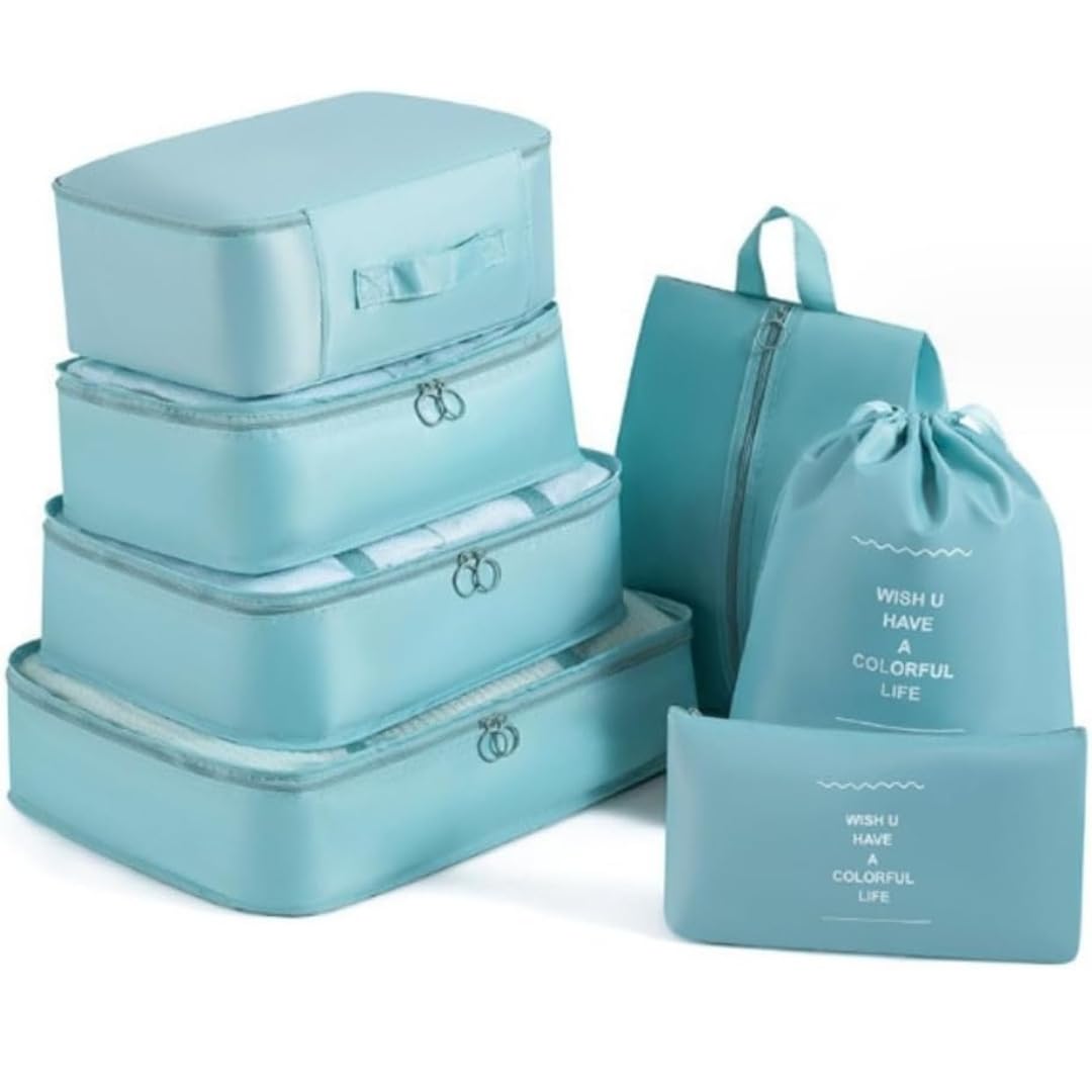 Sprqcart Polyester 7 Set Travel Organizer Bag 3 Packing Cubes + 3 Pouches + 1 Toiletry Organizer Bag (Skyblue, 27.99 Cm, 11 Cm)
