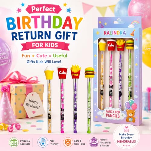 Image of KALINDRA Fancy Top Pencils for Kids Pack of 4 | Burger, Fries, Cola & Ice Cream Design Pencils | Cute School Stationery | Birthday Return Gifts, Party Favor Gift Set for Boys & Girls