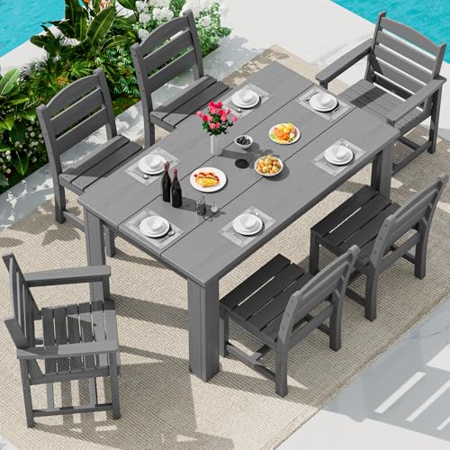 Image of SERWALL 59 inch HDPE Outdoor Dining Set for 6, w / 1 Table & 6 Chairs, Gray