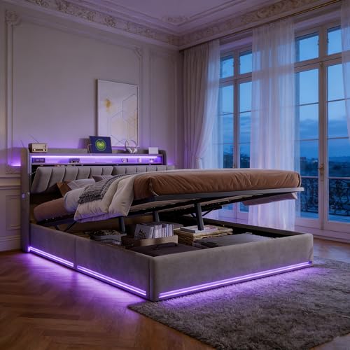 BRILVERDE Cama tapizada 160x200 cm con iluminación LED, Cama Doble con canapé, con somier y Base, Cama Juvenil (Gris-B, 160 x 200 cm)