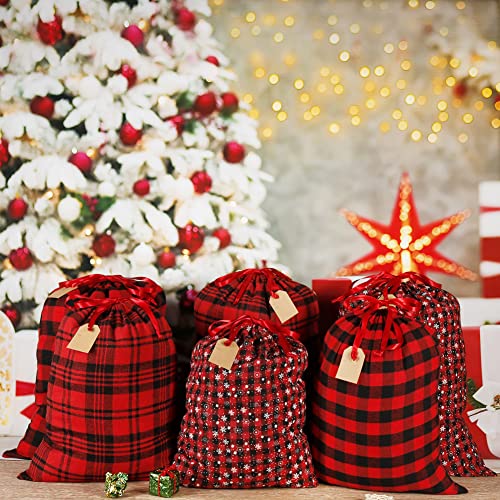 Hrx Package Big Fabric Drawstring Gift Bags, 6Pcs Reusable Christmas Sacks Red And Black Buffalo Plaid Cloth Pouches For Xmas Presents Party Favor #TOP6