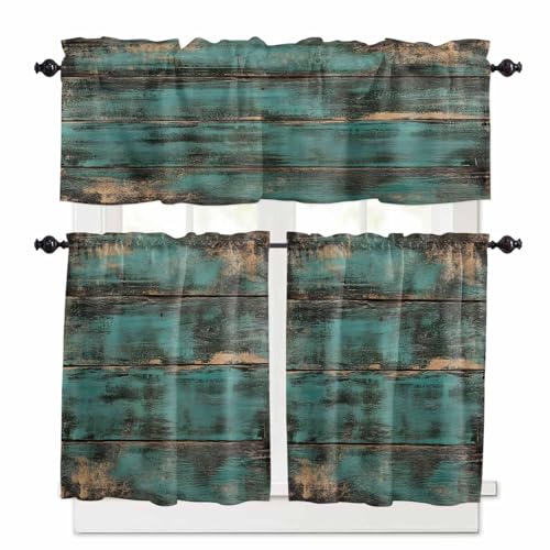 Teal Brown Wood Print Kitchen Curtains 36 Inch Length, 3 Piece Rod Pocket Small Half Tiers and Valance Set, Farmhouse Vintage Plank Small Large Window Treatment Decor for Bedroom/Bathroom Sink