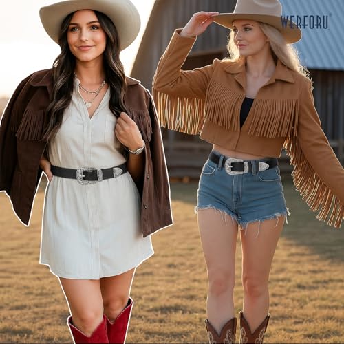 WERFORU Western Belt For Women,Cowgirl Cowboy Belt For Jeans Pants With Silver Vintage Western Buckle3