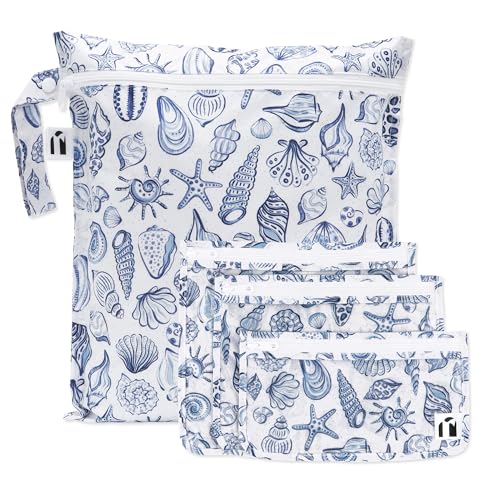 Bumkins Roamio Wet Bag and 3-Pack Clear-Sided Travel Pouches Waterproof Fabric Organizer for Toiletries Gym Clothes Swim Gear Shoes Accessories TSA Compliant Packing Set Blue Shells 4-pc Set