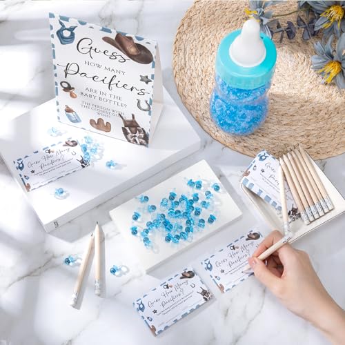 Image of Roowest 512 Pcs Baby Shower Games Guess How Many Pacifiers Sign 100 Small Guessing Games 10 HB Pencils 750ml Milk Bottle 400 Acrylic Pacifiers Decoration for Guest Gender Reveal(Blue,Cowboy)