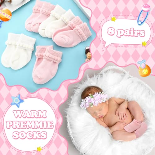 Bonuci 8/24 Pairs Preemie Socks Baby Girls Premature Baby Cotton Turn Cuff Bubble Preemie Socks Nicu for Newborn Hospital4