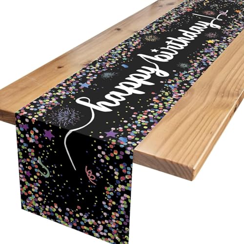 YXHZVON Chemin de Table Anniversaire,183x33 cm Happy Birthday Coussin en Tissu , Chemin de Table à Pois pour Decoration Table Anniversaire Fête (Noir)
