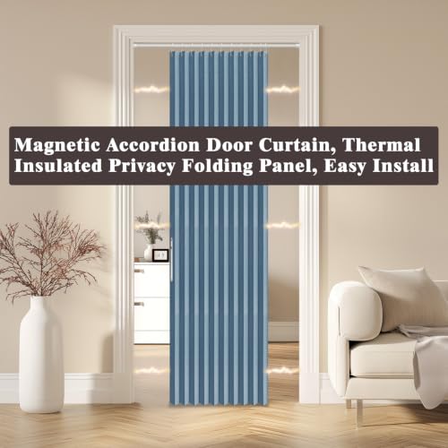 Image of AJAZZ Blackout Accordion Doors Interior Magnetic Door Curtain Closet Door Curtain Invisible Applicable Bedroom Room Living Room Doorway （Blue 42 inch W x 78 inch L 1 Panel