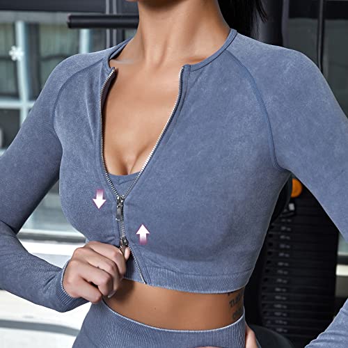 Gym Sets 2 Piece Sweatsuits For Women Seamless Two Piece Sets For Women Acid Wash Women 2 Piece Outfits Sets Long Sleeve Zip Up Crop Top Jogging Suits For Women 2 Piece Set Long Set Grey Xs #TOP5
