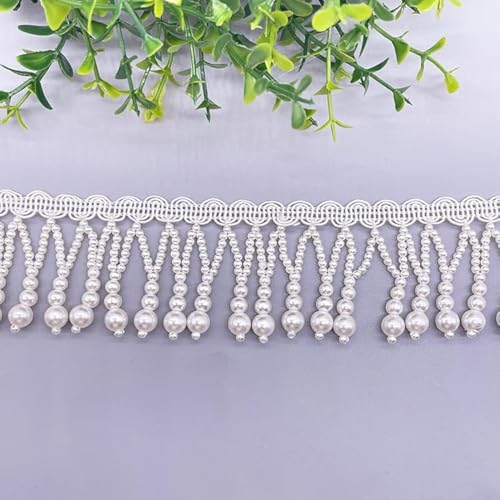 GorinsKani 2 Yards White Silk Tassel Fringe Trim Beads Tassel Lace Ribbon Sewing Clothing Edge Curtain Pearl Pendant Tassels (A)