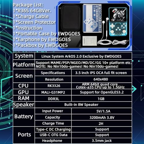 Image of R36S Retro Handheld Game Console With 64G 3.5 Inch IPS Screen Built-In 20000+ Classic Games Open Source Linux System Portable Pocket Video Player With 3200Mah Battery(Transparent Cyan),Blue