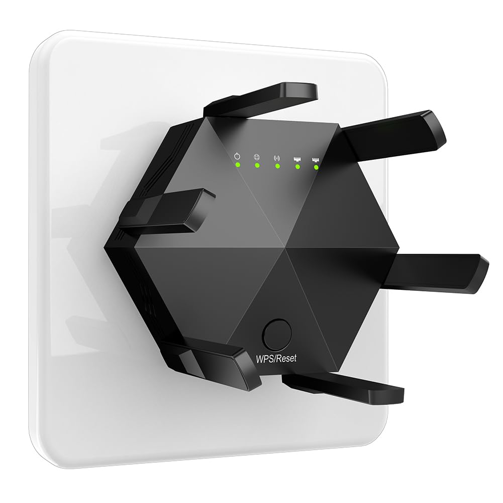 Wzmacniacz do Internetu WLAN, wzmacniacz sygnału z technologią podwójnego pasma (1200 Mbit/s) i 6 regulowanymi antenami do użytku wewnętrznego i domowego, czarny