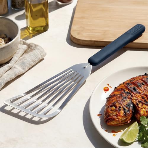 Image of Ember Cookware Stainless Steel Turner 31 cm | Oil Draining Design | Thin Slotted Steel Spatula for Precision Flipping | Flexible Head | Heat Resistant Silicone Handle | Blue
