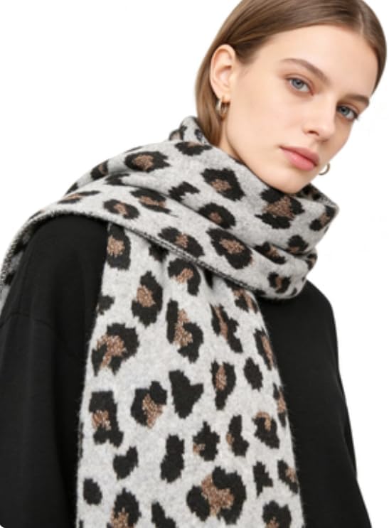 Leopard Print Scarf, Gray with Black and Brown Spots, Soft Knit Winter Wrap