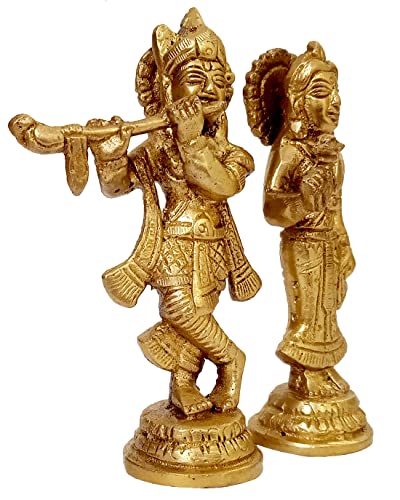 Purpledip Brass Idol Set Radha Krishna: Collectible Statue For Home Temple (12407A), Gold - Image 3