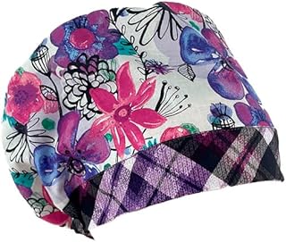 European Style Scrub Cap â€“ Flower/Purple Checkers - Scrub Hat for Women & Men tie Back | Working Cap with Holder. Scrub Hats for Women, Nurses Hats | Dr. Hats