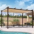 PURPLE LEAF 10' x 13' Outdoor Retractable Pergola Aluminum with Sun Shade Canopy DIY Patio Modern Heavy-Duty Brown Shelter for Garden Yard Pavilion Grape Trellis Porch, Beige