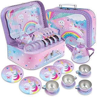 Jewelkeeper 15 Piece Kids Pretend Toy Tin Tea Set & Carrying Case - Jungle Design