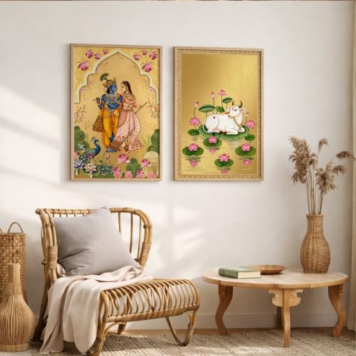 Image of Suneree Pichwai Radha Krishna Nandi Cow Gold Wall Art Painting | Set of 2 Framed Paintings | Traditional Indian Decor for Living Room Pooja Room Bedroom | (ART 8, 13x19 INCHES)