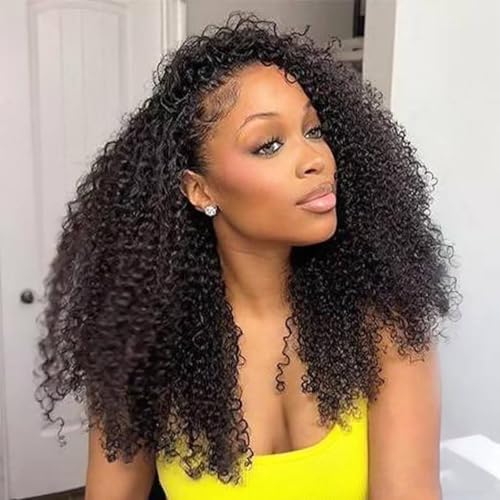 XSY Curly Half Wig Human Hair Wear and Go Glueless Wigs for Black Women Kinky Curly Headband Wig 3 In 1 Seamless Flip Over Half Wigs with Drawstring Beginner Friendly Natural Black Color 28 Inch