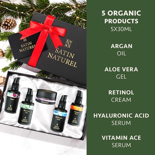 Birthday Gifts for Her with Hyaluronic Acid Serum for Face + Vitamin C Serum + Aloe Vera Gel + Argan Oil + Moisturiser 5x30ml, Gift Set Women - Gifts for Mum, Sister, Women Gifts - Satin Naturel - Image 7