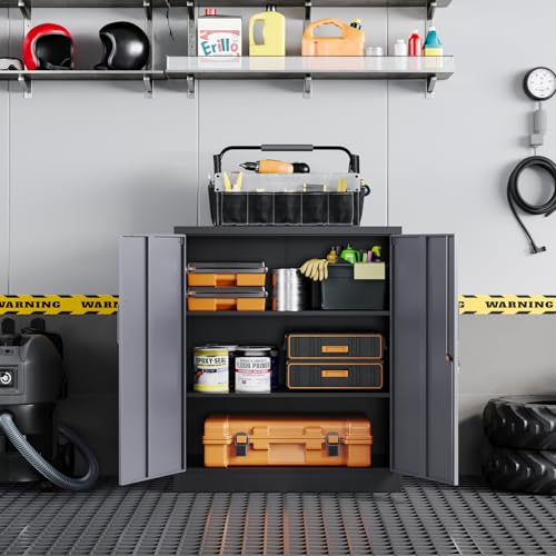 Image of Yizosh Metal Garage Storage Cabinet with 2 Doors and 2 Adjustable Shelves - 35.5 inch Steel Lockable File Cabinet for Home Office,Garage,Gym,School(Gray Black)