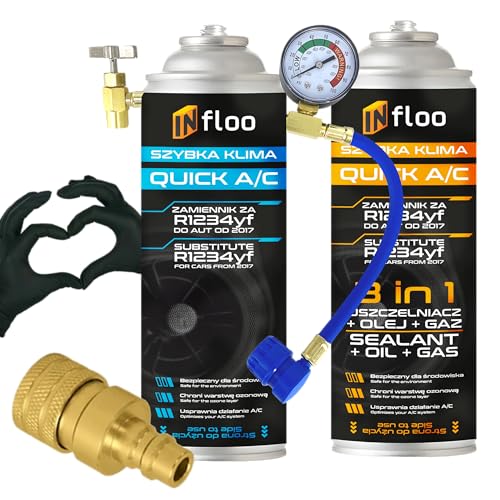 INfloo Quick A/C R1234yf Gas + 3-in-1 Dichtmittel + Schlauch mit Manometer + R1234yf Adapter + Handschuhe | Klimaanlagen-Set zum Befüllen & Abdichten