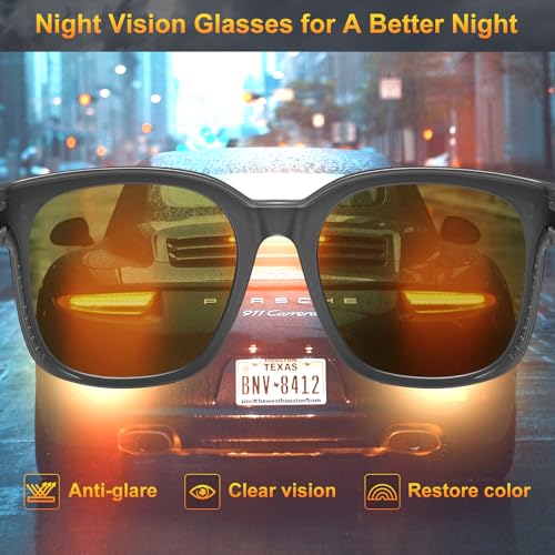 CARFIA Night Vision Glasses for Womens Men Anti-glare,Fit Oversize TAC Glasses Safety HD Yellow Driving Glasses3