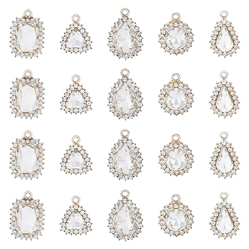 SUPERFINDINGS 20PCS 5 Style Alloy Rhinestone Pendants Light Gold Tone Rectangle Teardrop Triangle Flat Round Charms Sparkling Clear Crystal Rhinestone Pendants for Jewelry Making Hole: 1.8~2.5mm