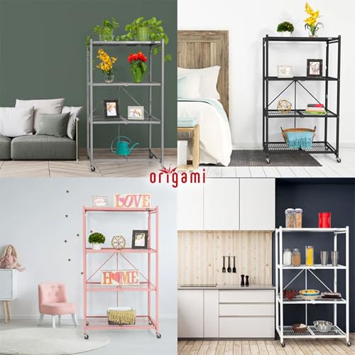 Image of Origami 4-Pack R5 Storage Rack, 4-Tier Heavy-Duty Foldable Steel Shelf with Wheels, White
