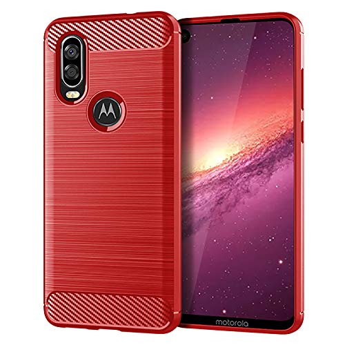 DQG Funda para Motorola One Vision (6.3'), Carcasa Shell Fibra de Carbono Flexible Ultra Soft Slim TPU Silicona Cover Gel Tapa Caso Case - Rojo