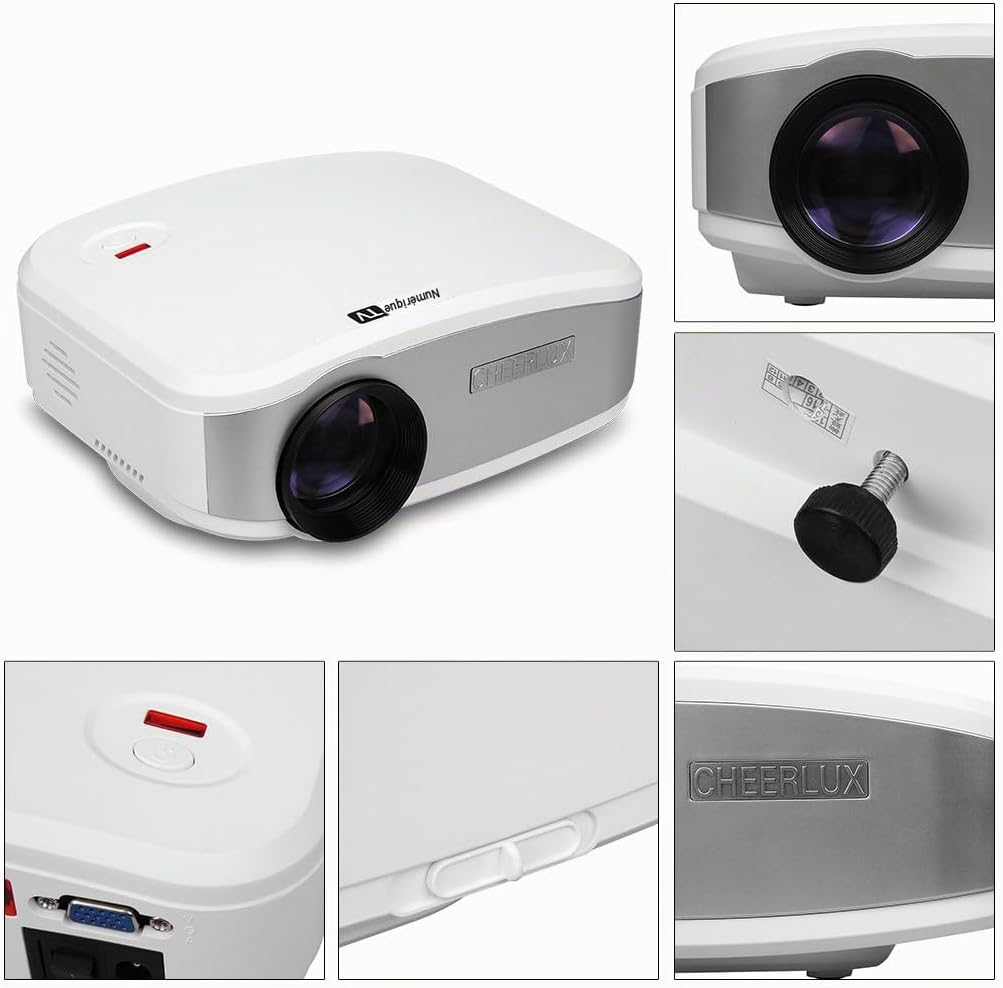 ຫຼາຍ views of the Cheerlux C6 projector showing top, bottom, side, lens, power button, and Cheerlux logo
