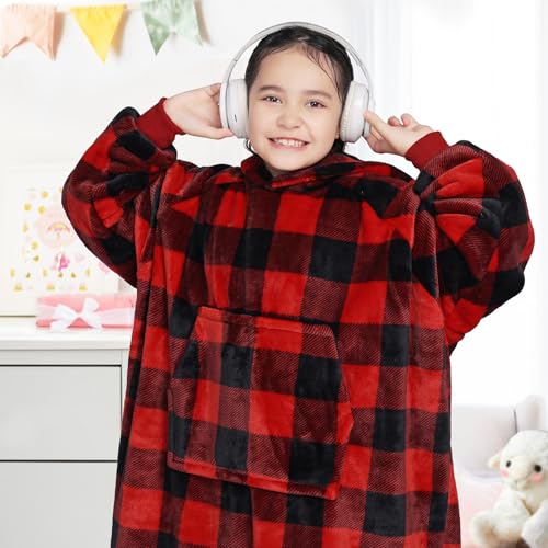 Image of Waitu Wearable Blanket for Kids, Wearable Blanket Hoodie Gifts for Teens Girls and Boys, Warm Blanket Sweatshirt for Teenage, Hoodie Blanket with Sleeves - Red and Black Plaid
