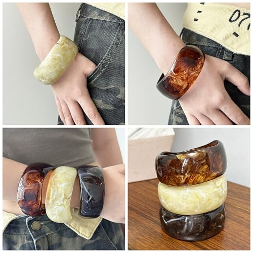 3Pcs Resin Chunky Bangle Bracelets for Women, Beach Colorful Irregular Acrylic Bracelet, Wide Stackable Bangles Vacation Bracelet3