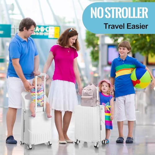 Image of 22 Inch Carry on Luggage with Seat for Kids Expandable Ride on Suitcase with Spinner Wheels and Locks for Travel (Black), White, 20 Inch