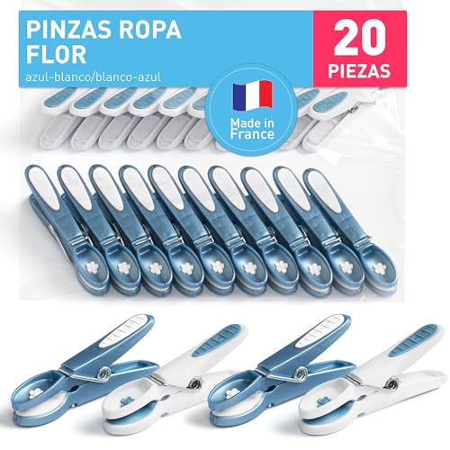 culiclean Pinzas Ropa Fuertes – 20 Pinzas para Tender Ropa Que No Dejan Marca – Plástico Resistente y BPA-Free – Fabricado en Francia – Flor, Azul-Blanco/Blanco-Azul