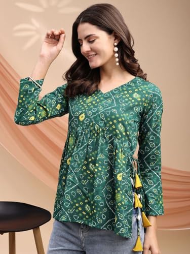 Image of MAHIRA'S Women's Short Kurti, Black Rayon Tunic Top with Embroidered Sleeves, 3 /4 Designer Sleeves