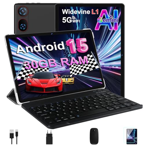 DMOAO Tablet 10 Pollici Android 15 con 30 GB RAM + 2TB ROM Espansione, FHD Tablet con Tastiera e Mouse, 5G Wi-Fi, GPS, Widevine L1, Octa-Core, USB-C, BT 5.0, 6000 mAh, 8MP+5MP, Gemini AI, Nero