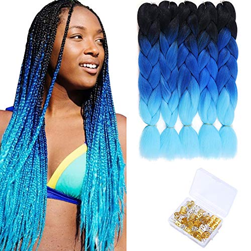 Ombre Jumbo Braids 24 Inch Ombre Braiding Hair Kanekalon Synthetic Crochet Twist Braiding Hair Extensions 5Packs/Lot (Black-Blue-Light Blue)