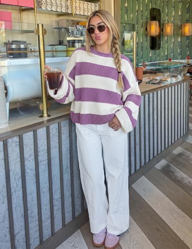 Image of ZESICA Womens Long Sleeve Oversized Striped Knitted Sweaters | Color Block Sweater,Crew Neck Sweater,Loose Fit Sweater,Ribbed Knit Pullover,2026 Fall Winter Sweater,Casual Going Out Top