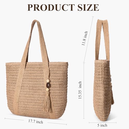 Image of Beach Bags for Women - Straw Bag with Zipper, Soft Woven beach bag, Casual Straw Shoulder Bag for Daily Use