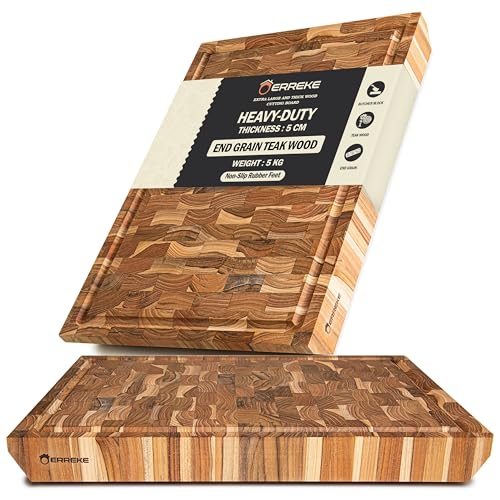 Erreke Tabla Cortar Cocina en Madera de Teca End Grain 50x35x5 cm, con Patas Antideslizantes, Tabla Madera Cocina Grande Tipo Bloque Carnicero 5kg de Peso, Servir Carne Barbacoa Queso Pan (con Ranura)