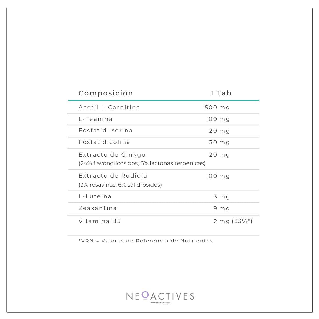 NeoMemory - Suplemento Alimenticio con Extractos de Plantas - Contribuye a Mejorar el Rendimiento Mental - Ayuda a Reducir el Estrés - 30 Tabletas - Neoactives