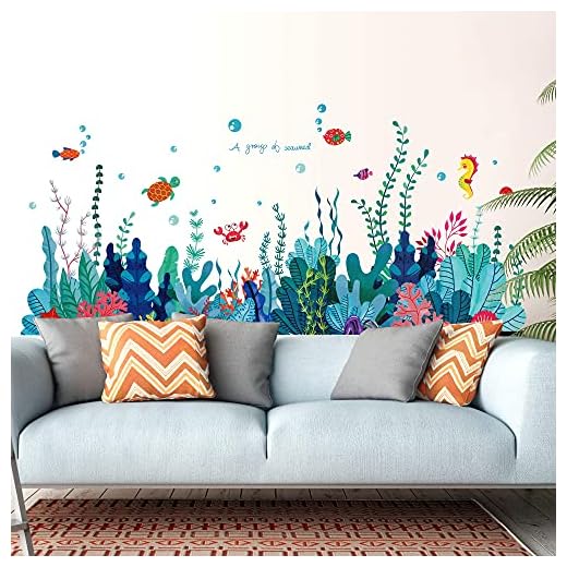 RW – 6794 avtagbar 3D under havet utsikt gräs väggdekal gör-det-själv hav korall sjögräs väggklistermärken väggmålningar skala och klistra fast hem väggdekor för barn sovrum badrum flicka barnkammare vägg hörn dekoration (A)