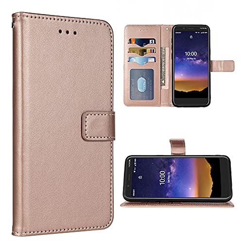 FDCWTSH Compatible with Nokia C2 Tava Wallet Case Wrist Strap Lanyard Leather Flip Cover Card Holder Stand Cell Accessories Folio Purse Phone Cases for Nokia C2 Tennen/Nokia C2 Women Men Rose Gold
