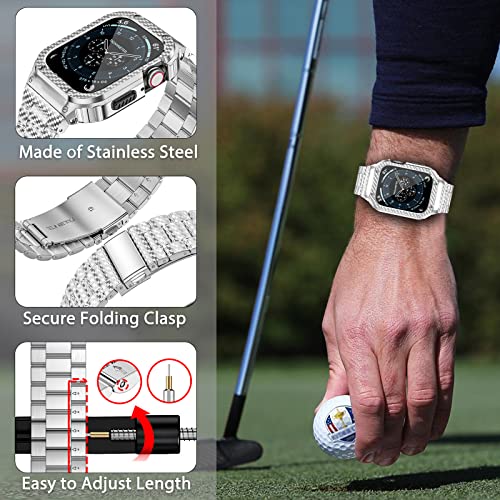Image of MioHHR Stainless Steel Band and Case Compatible with Apple Watch 38 /40 /41mm | Men Metal Protective Bumper Cover with Straps for iWatch Series 9 8 7 6 5 4 3 2 1, SE3, SE2, SE, Silver Pattern