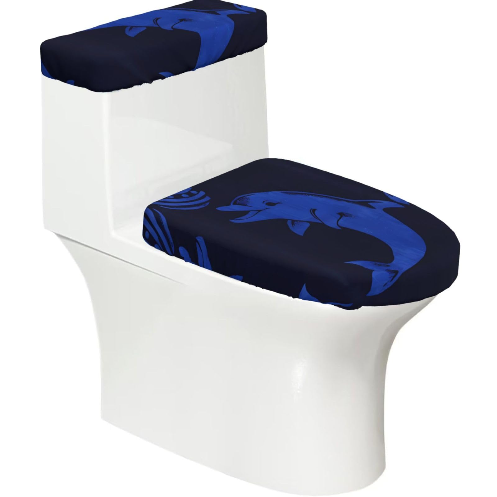 Mrowyc Black Blue Play Dolphin Printed Toilet Seat Set - Set Of 2 - Universal Toilet Seat Cover - Housewarming Birthday Christmas Gift